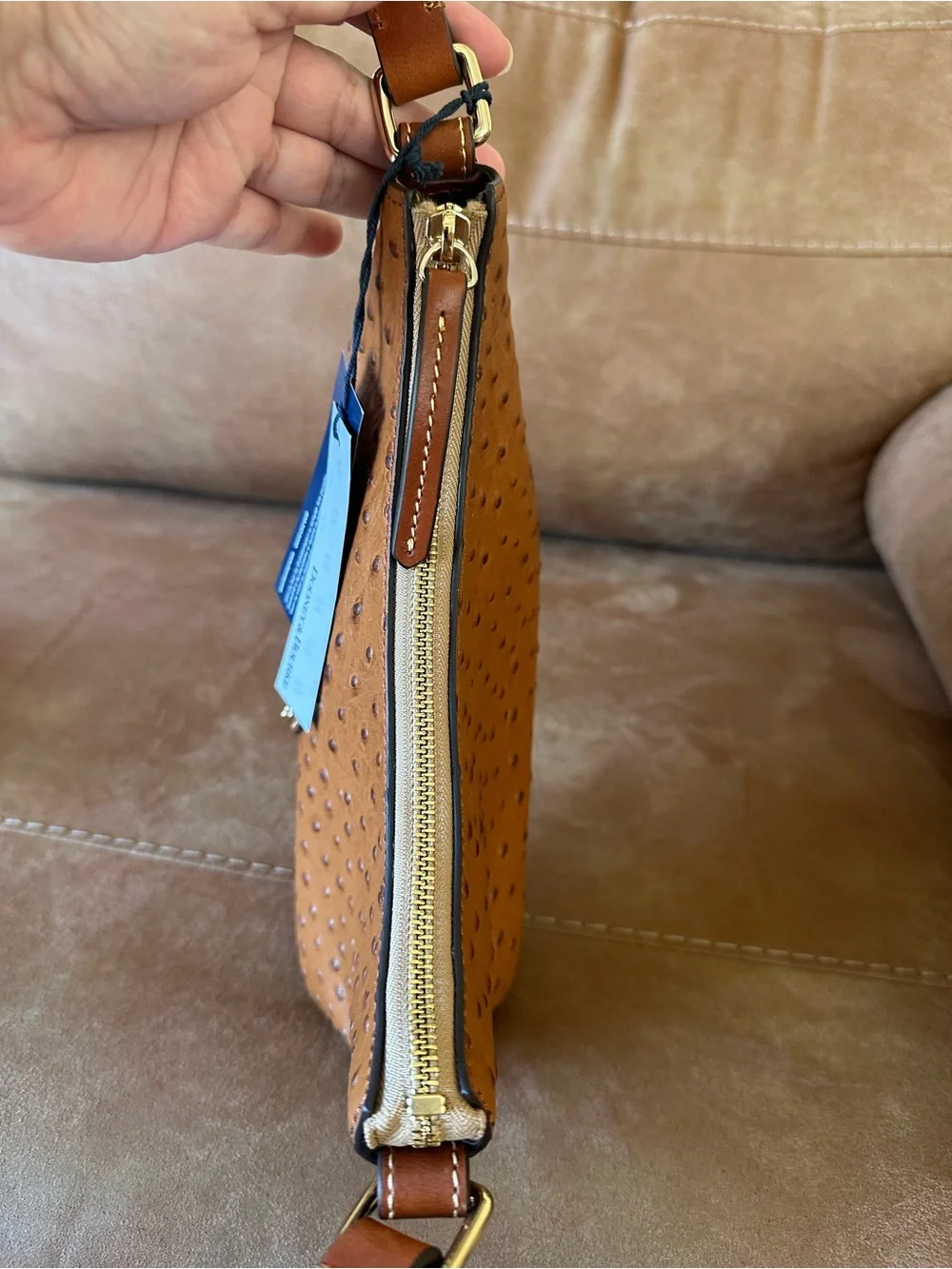 Dooney & Bourke Cognac Ostrich-Embossed Shoulder Bag with Matching Coin Purse
